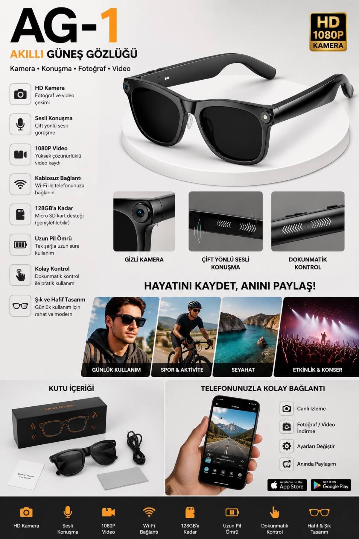 G1 Akıllı Gözlük Yapay Zeka Destekli Sesli Komutlar 8MP Fotoğraf ve Video Kamerası 1080p Kayıt Metal Plastik Çerçeve