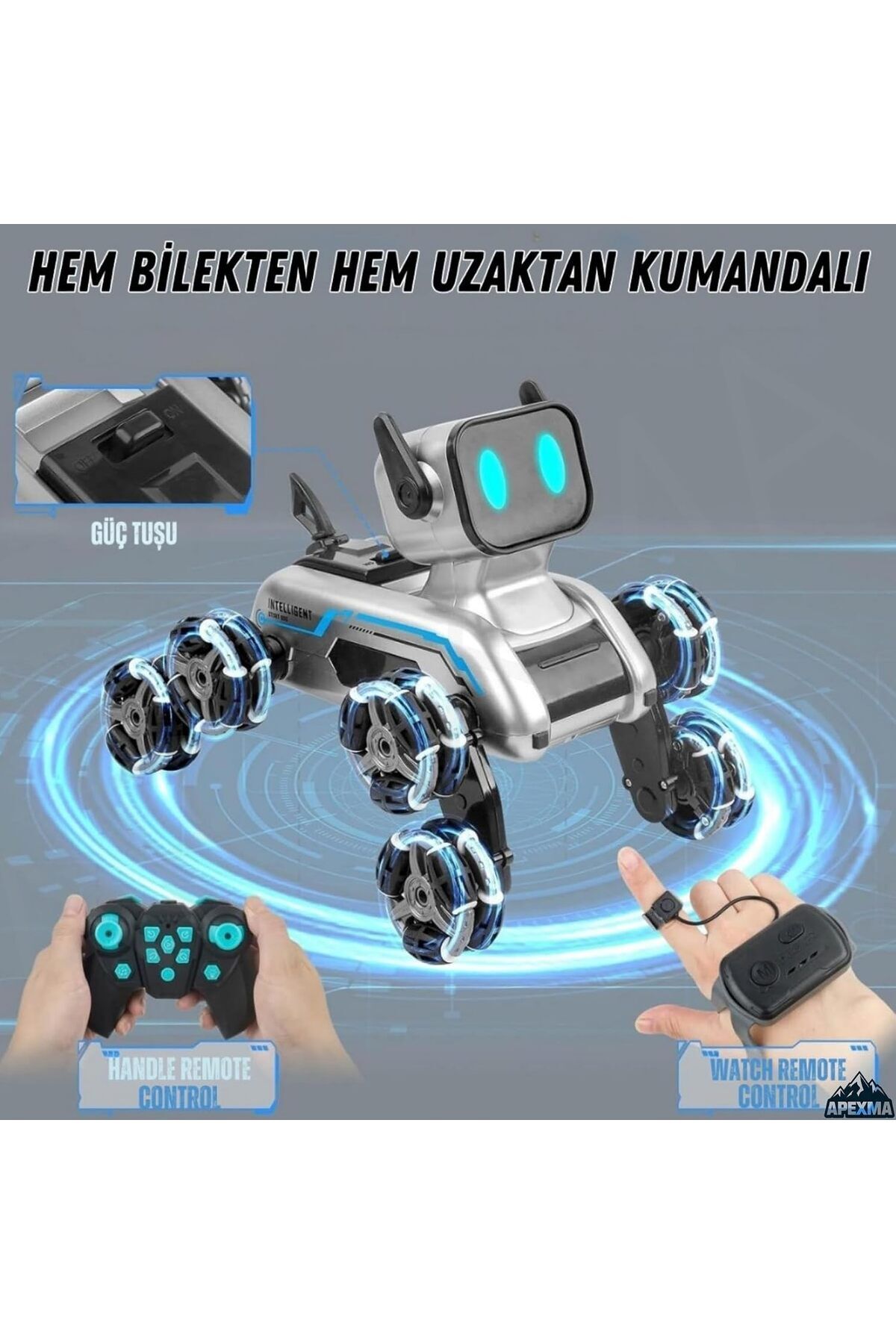 Oyuncak Robot Bilekten Kontrol 8 Teker Buharlı Şarjlı Köpek Robot Araba Müzikli ve Led Işık Kumandalı Robot