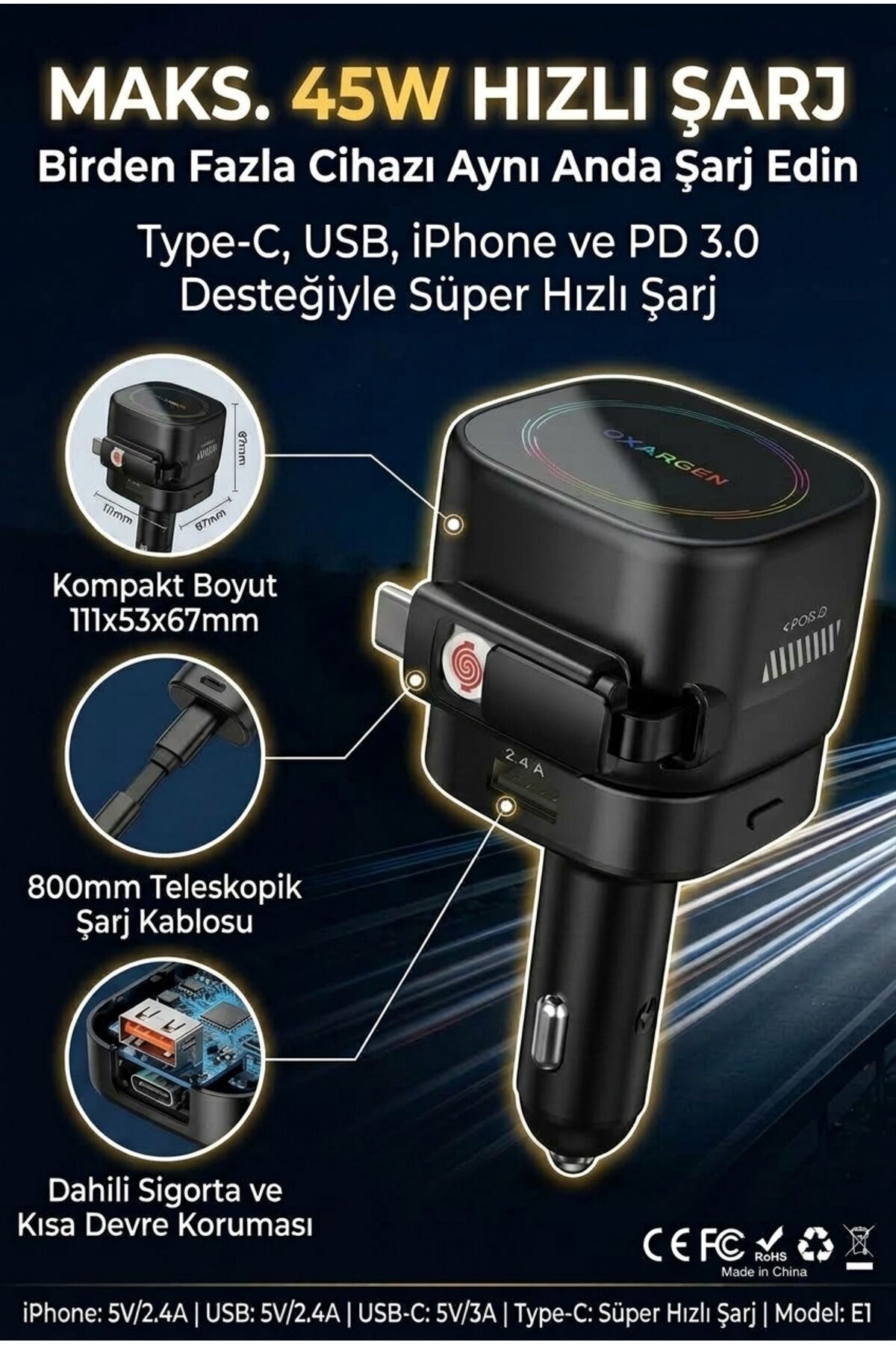 4 in1 arada 45W PD Katlanabilir Araç Şarj Cihazı, Hızlı Şarj, Ortam Işıkları, Güvenlik Çekici, 17Air için Geri Çekilebilir Kablo ve Çakmaklık