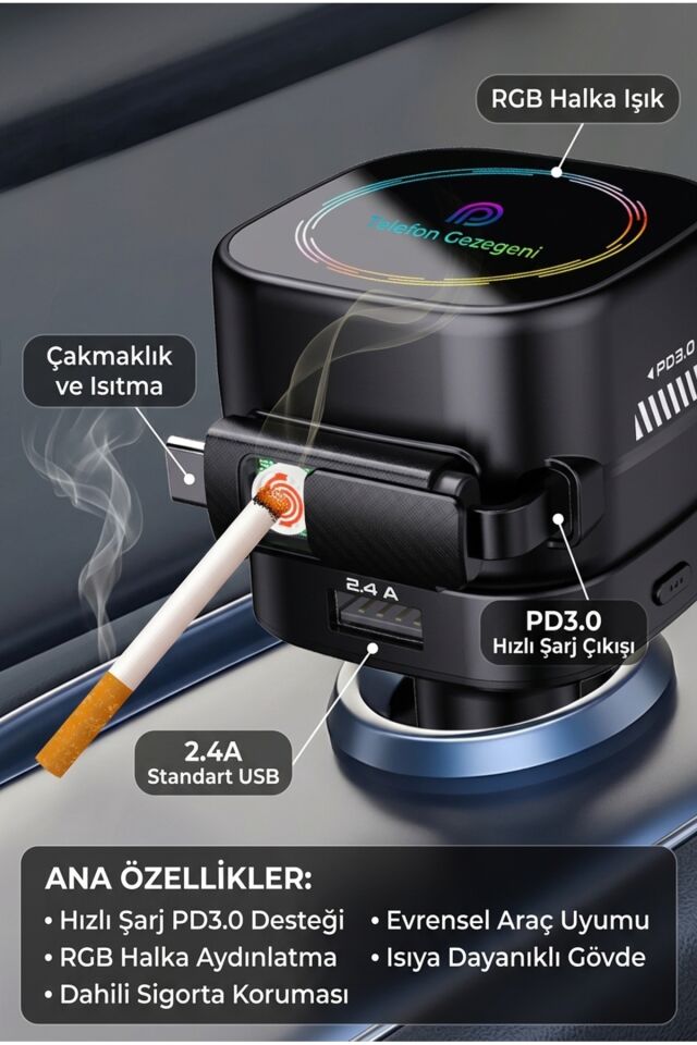 4 in1 arada 45W PD Katlanabilir Araç Şarj Cihazı, Hızlı Şarj, Ortam Işıkları, Güvenlik Çekici, 17Air için Geri Çekilebilir Kablo ve Çakmaklık