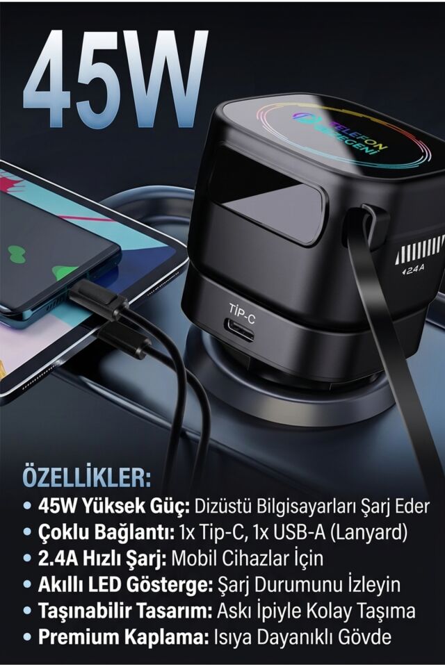 4 in1 arada 45W PD Katlanabilir Araç Şarj Cihazı, Hızlı Şarj, Ortam Işıkları, Güvenlik Çekici, 17Air için Geri Çekilebilir Kablo ve Çakmaklık