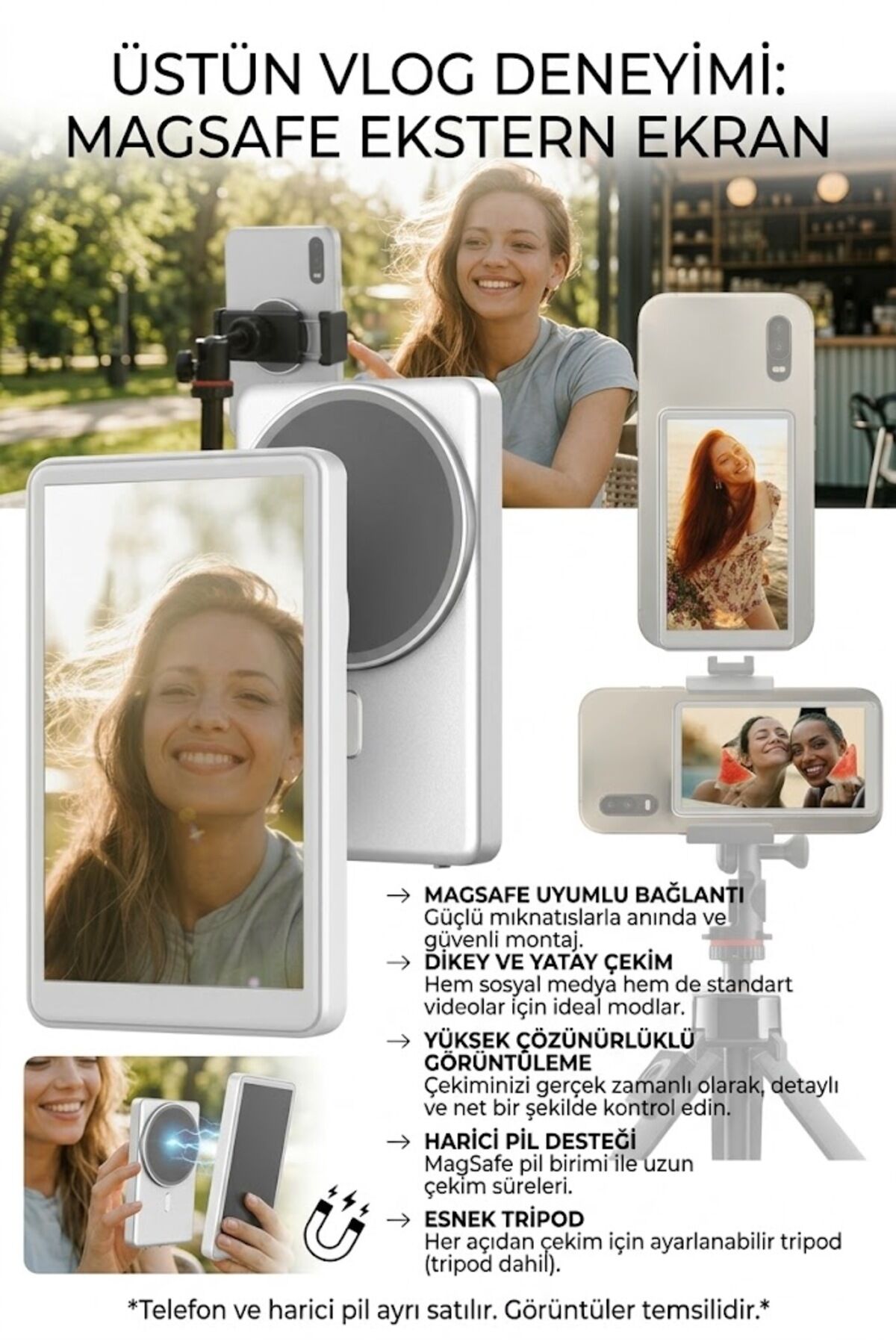 A2 Pro Manyetik Selfie Ekranı - MagSafe Uyumlu 4.02 inç Vlog Monitörü ve Bluetooth Uzaktan Kumandalı