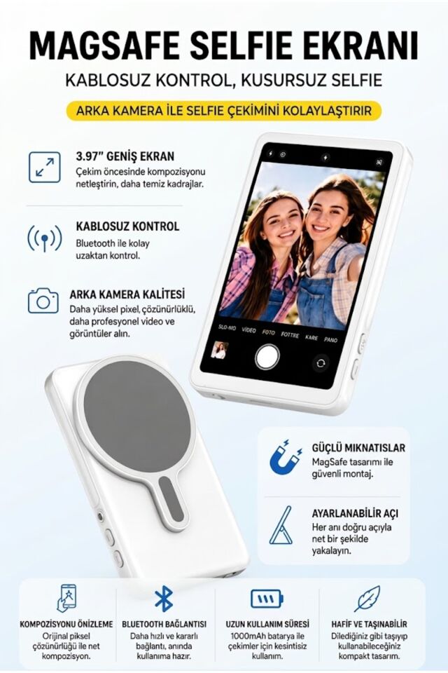 A2 Pro Manyetik Selfie Ekranı - MagSafe Uyumlu 4.02 inç Vlog Monitörü ve Bluetooth Uzaktan Kumandalı
