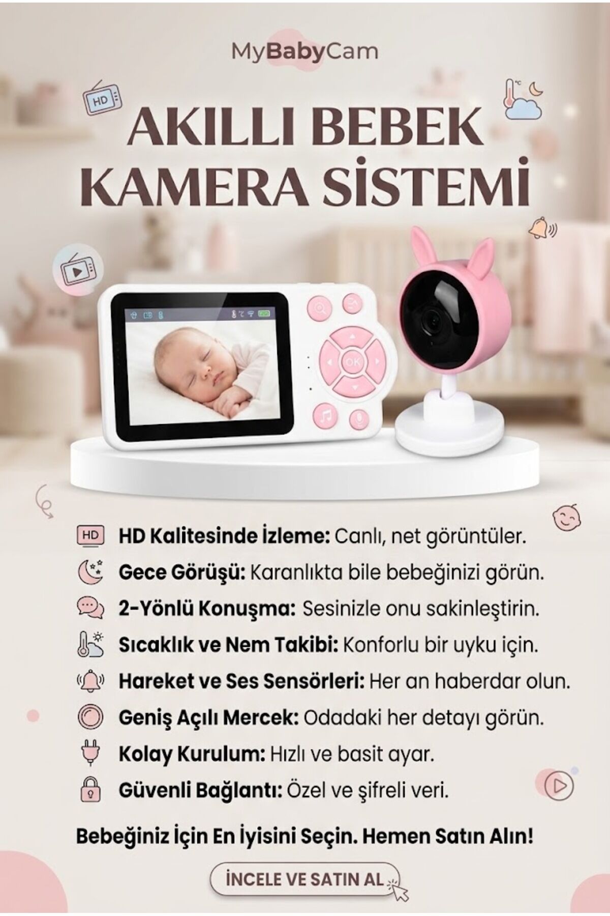 Ebeveyn Kontrollü 2.8 İnç Bebek Monitörü - Güvenli ve Kesintisiz İzleme Sistemi