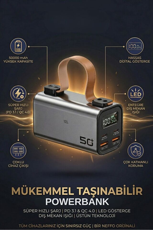 50.000mAh Powerbank PD100W Hızlı Şarj El Fenerli