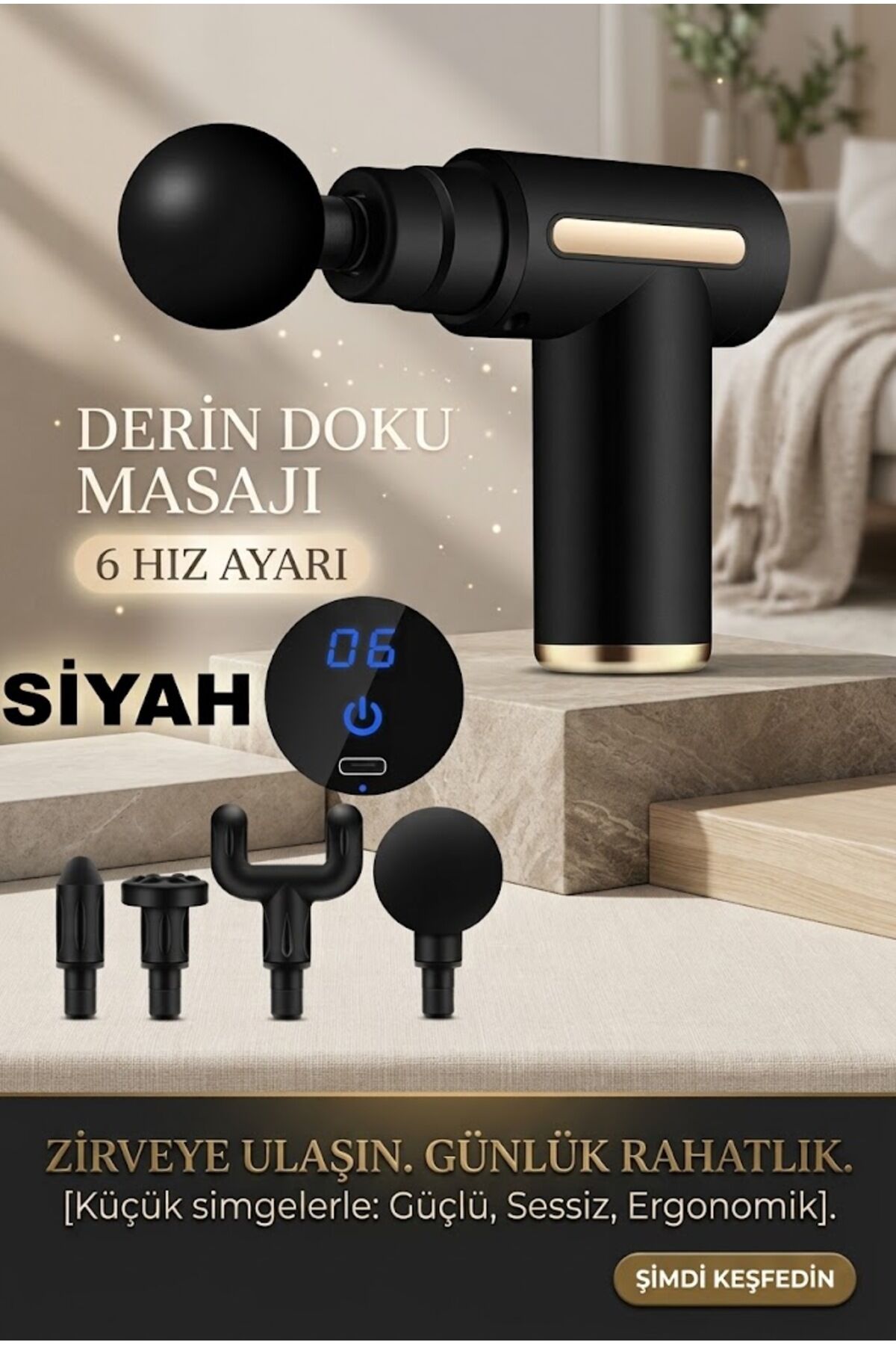 Taşınabilir Derin Doku Kas Masaj Aleti 6 Kademeli Sessiz Mini Masaj Tabancası- Siyah- Gri