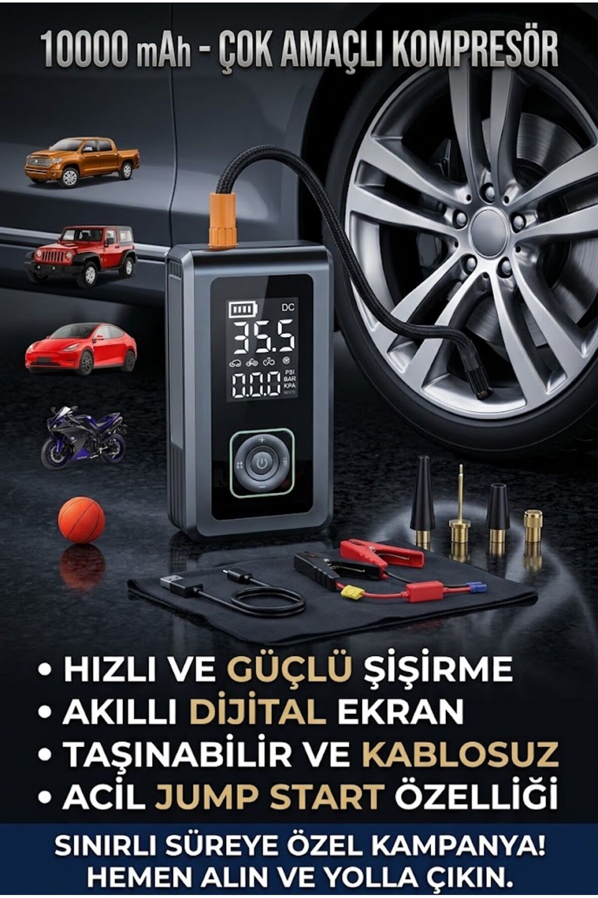 Taşınabilir Dijital Hava Kompresörü ve Akü Takviye Cihazı 10000 – 5'in 1 Arada ve LED Işıklı Fenerli