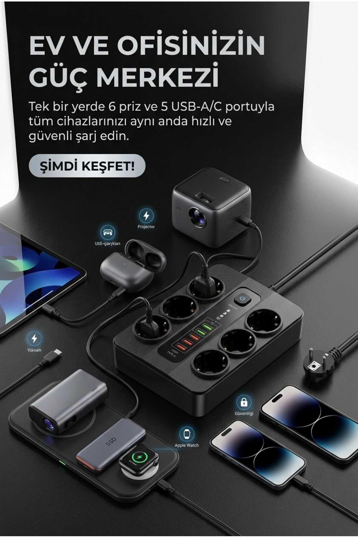 Termal Akım Korumalı 3000W 6’lı Priz – 2m Kablo – 5 USB + 1 Type-C PD Hızlı Şarj