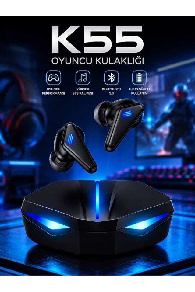 K55 Oyuncu Kulaklığı Bluetooth 5.4 TWS Kablosuz Kulaklık 65ms Düşük Gecikme Oyuncu Kulaklığı HiFi Stereo Ses RGB Şarj