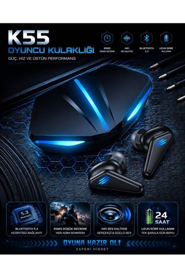 K55 Oyuncu Kulaklığı Bluetooth 5.4 TWS Kablosuz Kulaklık 65ms Düşük Gecikme Oyuncu Kulaklığı HiFi Stereo Ses RGB Şarj