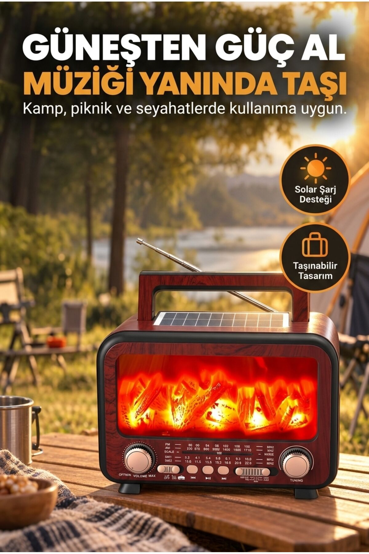 Şömine Efektli Retro Radyo ve Bluetooth Hoparlör – Solar Güneş Enerjili, Alev Işıklı, Taşınabilir Nostaljik Kamp Radyosu
