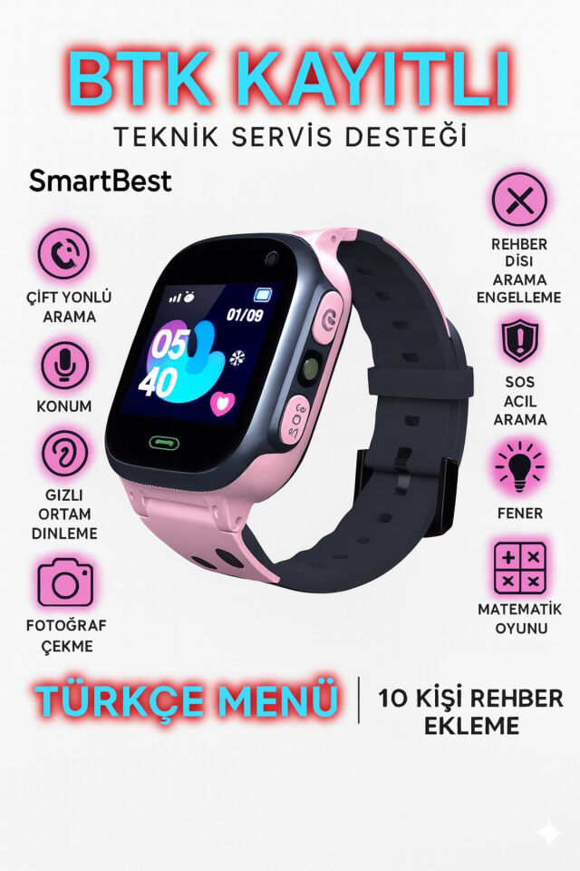 Sim Kartlı, Konum Takipli, Sos Acil Arama Ve Imei Kayıtlı Akıllı Çocuk Takip Saati Pembe