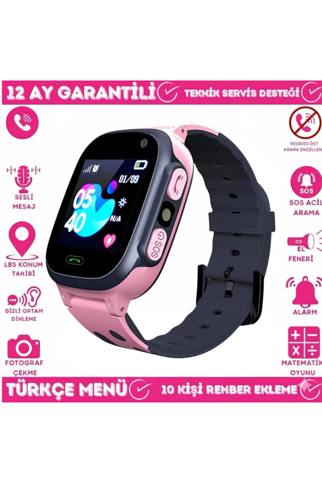 Sim Kartlı, Konum Takipli, Sos Acil Arama Ve Imei Kayıtlı Akıllı Çocuk Takip Saati Pembe