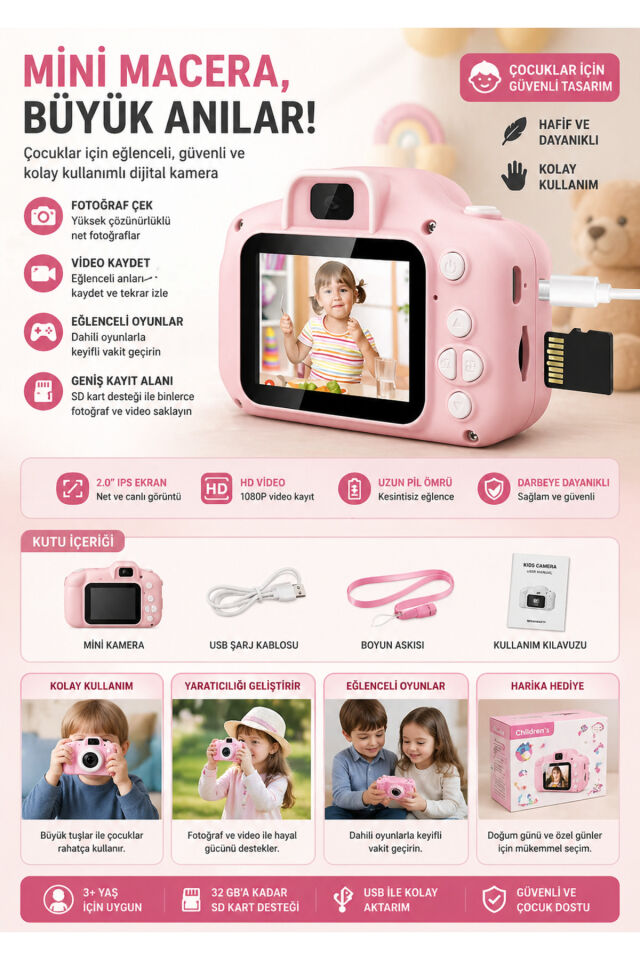 Mini 1080p Hd Kamera Çocuklar Için Dijital Fotoğraf Makinesi 2.0 Inç Ekran 720-1080p Karışık Renk