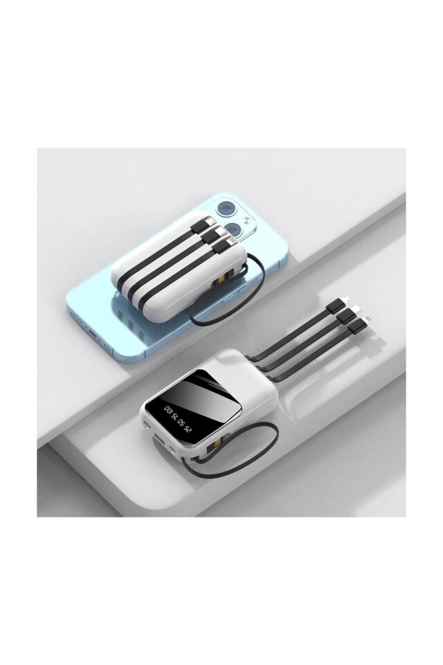 10000 mAh Hızlı Şarj Powerbank (2 A) – Dahili Lightning & Type-C Kablo