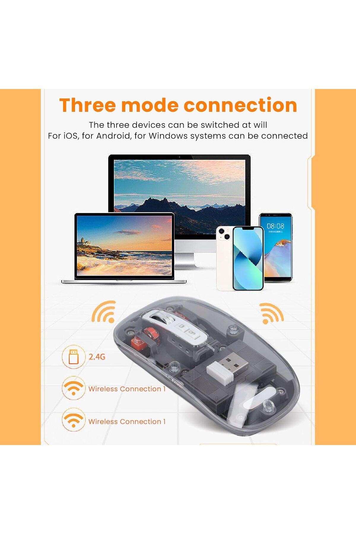 Şeffaf Kablosuz Mouse Sessiz Tuş 3 DPI Modu Çift Bağlantı Ergonomik 180 Saat Kullanım