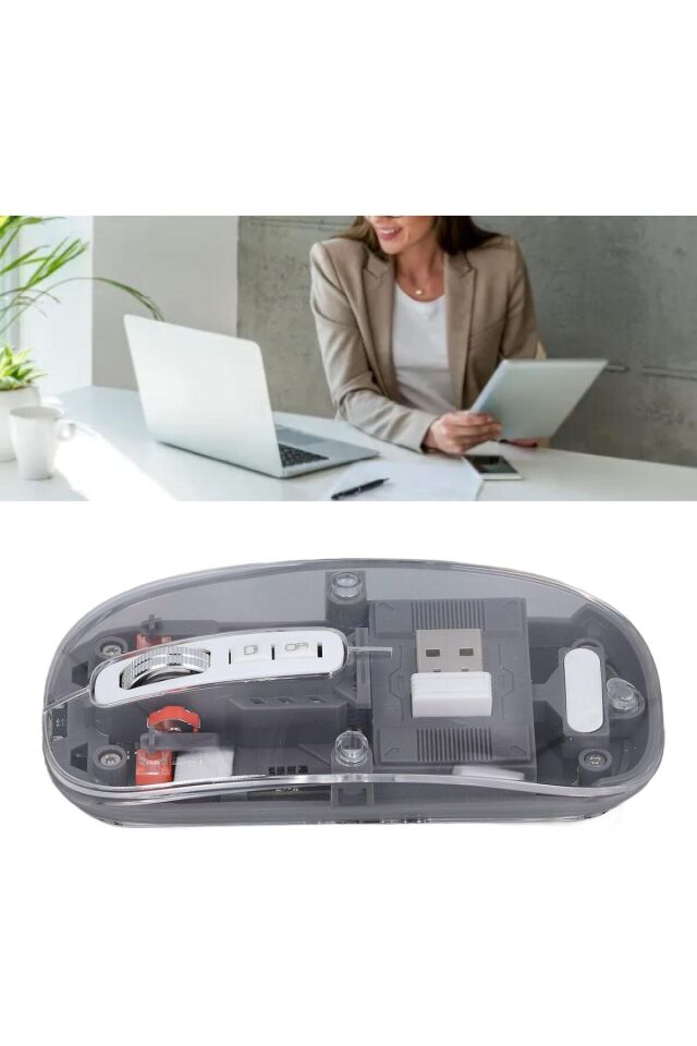 Şeffaf Kablosuz Mouse Sessiz Tuş 3 DPI Modu Çift Bağlantı Ergonomik 180 Saat Kullanım