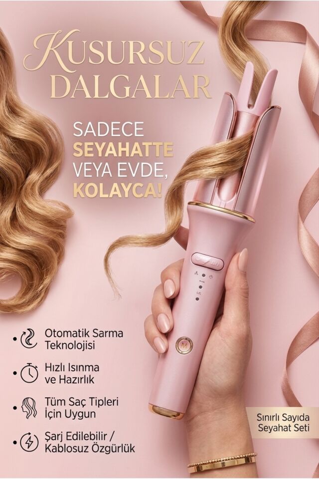 Otomatik Saç Maşası Kalın Su Dalgası 32mm - 30 Saniyede Isınma (Pembe)