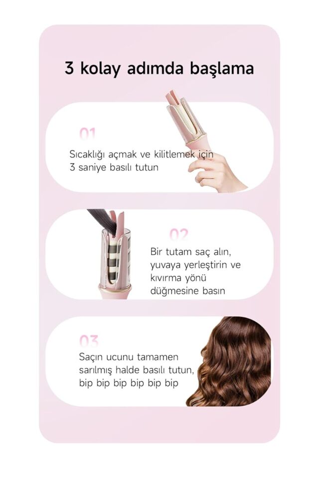Otomatik Saç Maşası Kalın Su Dalgası 32mm - 30 Saniyede Isınma (Pembe)