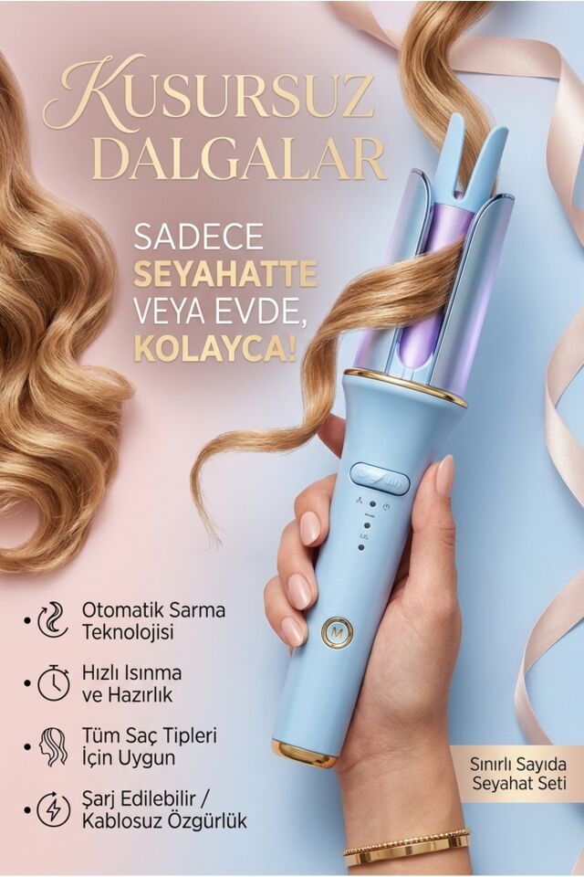 Otomatik Saç Maşası Kalın Su Dalgası 32mm - 30 Saniyede Isınma (Pembe)