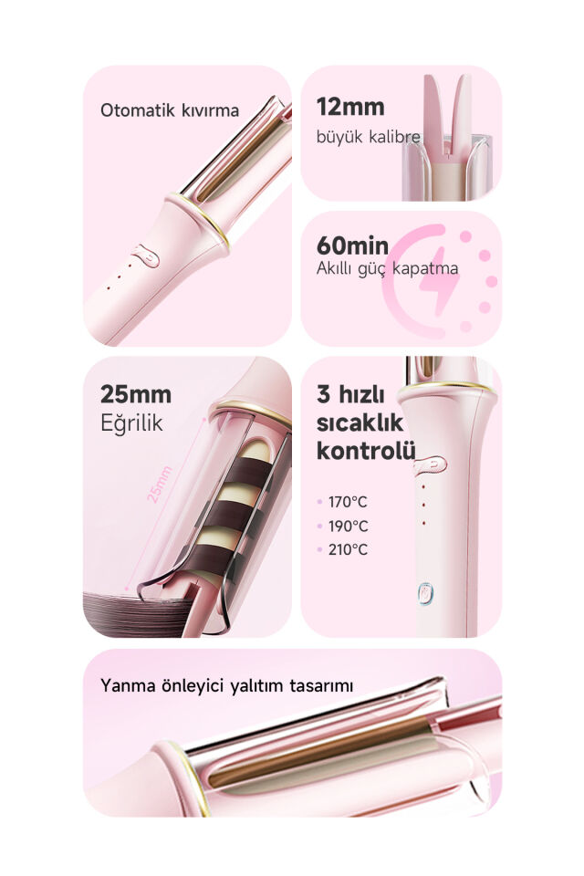 Otomatik Saç Maşası Kalın Su Dalgası 32mm - 30 Saniyede Isınma (Pembe)