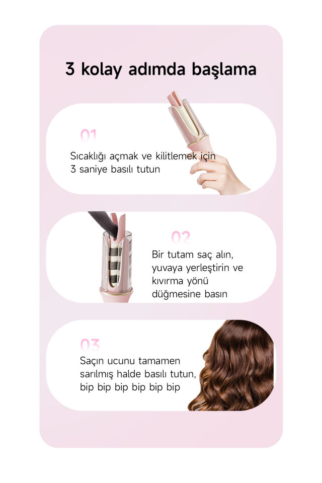 Otomatik Saç Maşası Kalın Su Dalgası 32mm - 30 Saniyede Isınma (Pembe)