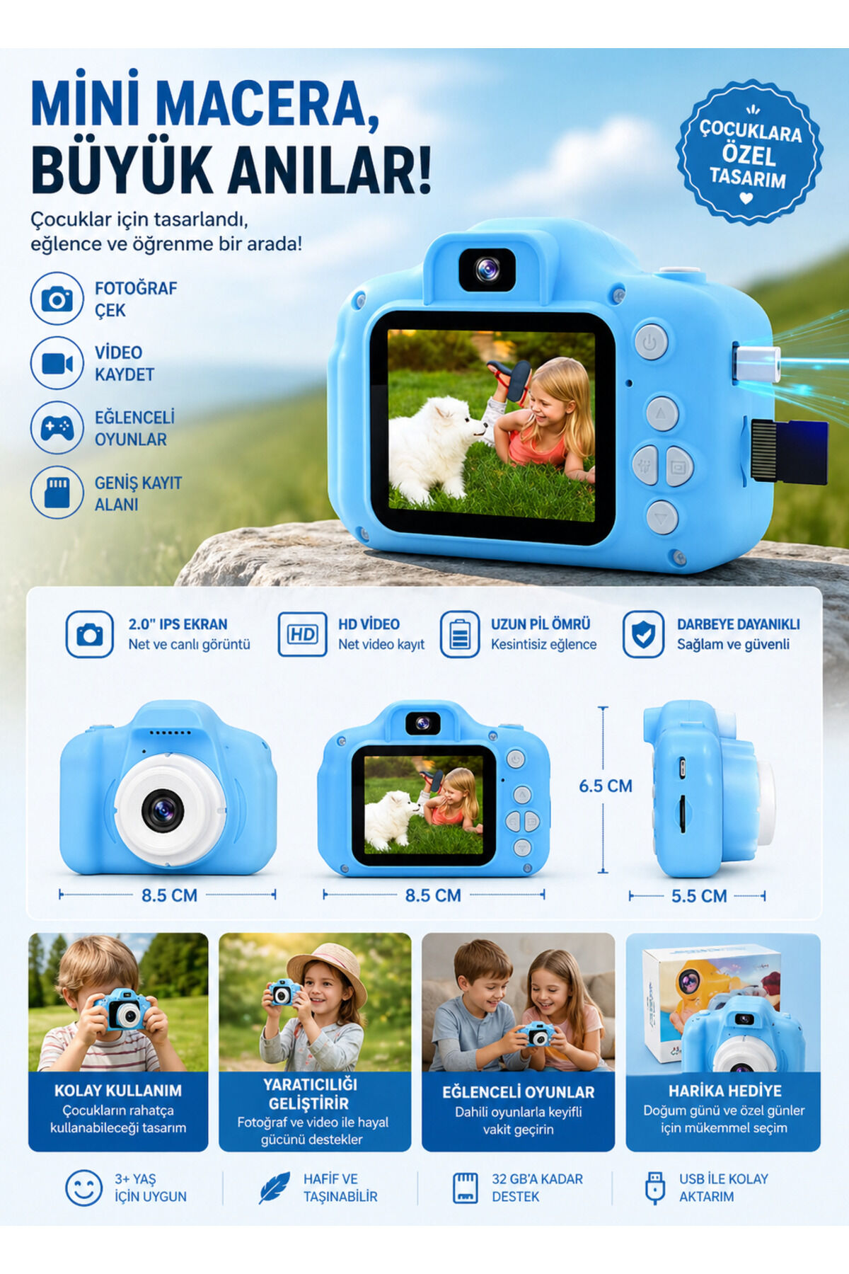 Unisex Çocuk Mavi Mini 1080p Hd Kamera Için Dijital Fotoğraf Makinesi
