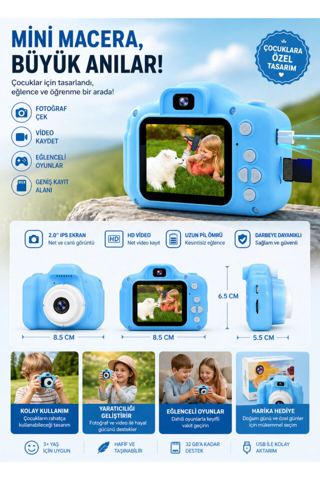 Unisex Çocuk Mavi Mini 1080p Hd Kamera Için Dijital Fotoğraf Makinesi