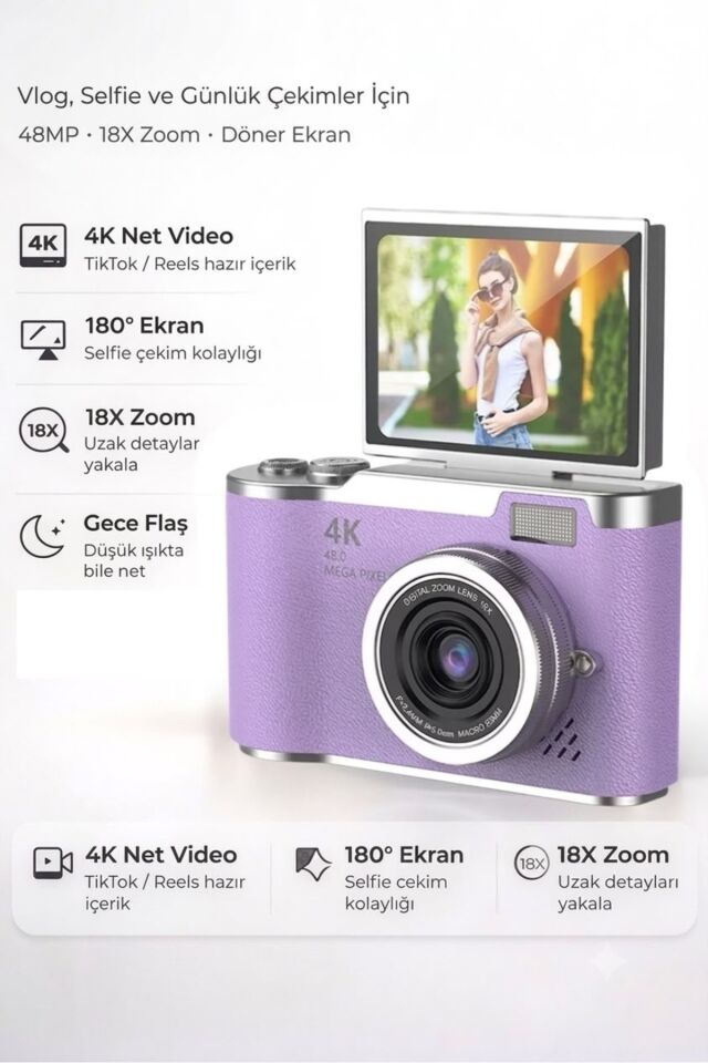 4K Dijital Retro Video Kamera 48MP 15X Zoom Flaşlı Dijital Vlog Fotoğraf Makinesi TÜRKÇE