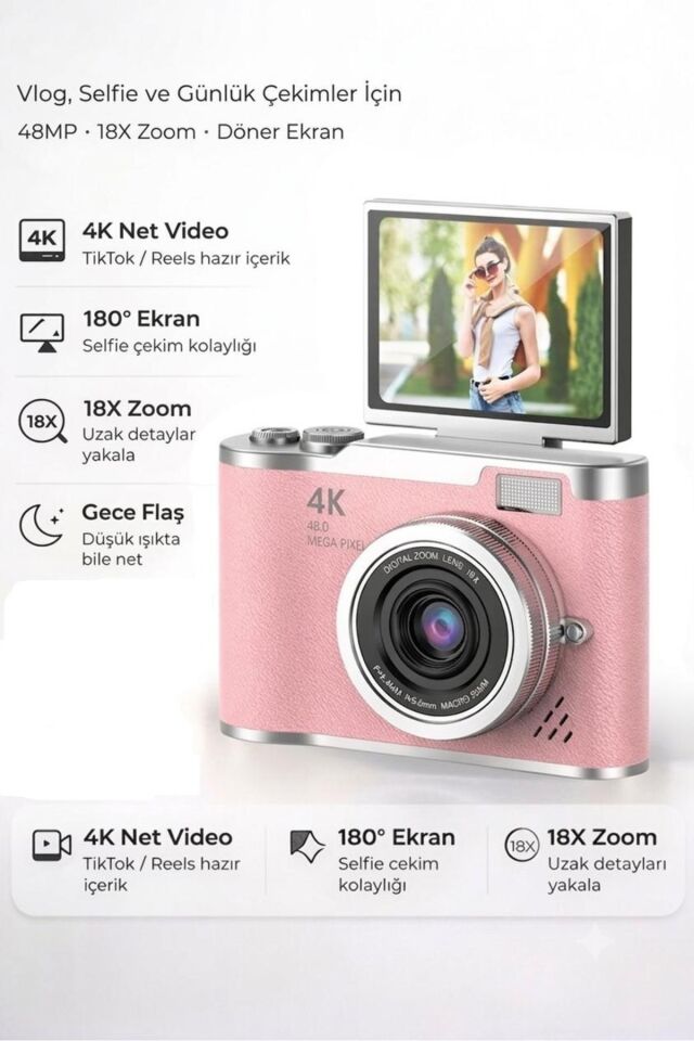 4K Dijital Retro Video Kamera 48MP 15X Zoom Flaşlı Dijital Vlog Fotoğraf Makinesi TÜRKÇE