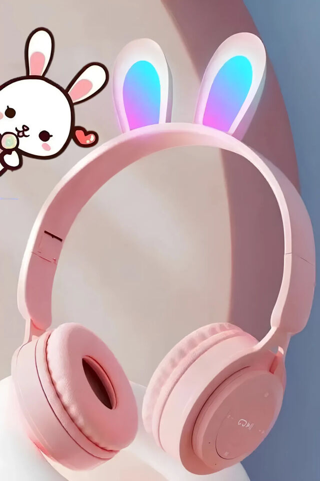 LED Rgb Işıklı Pembe Bluetooth Kulaklık Tavşan Tasarımlı Katlana Bilir