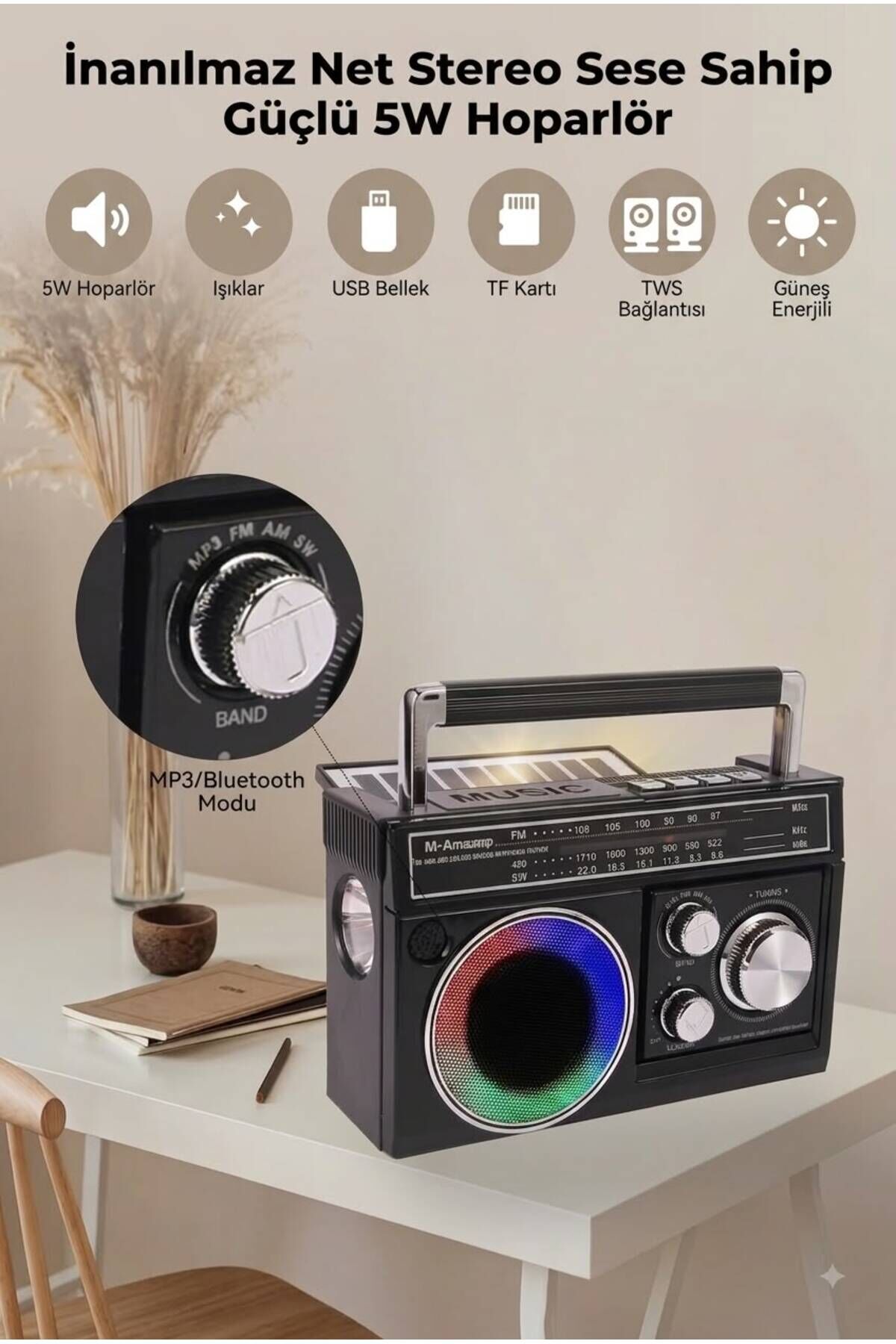 Nostalji Solar Enerjili Güneş Panelli Fm Radyo Şarj Edilebilir Bluetooth Hoparlör Rbg Işıklı Sd Kart Usb ve El fenerli