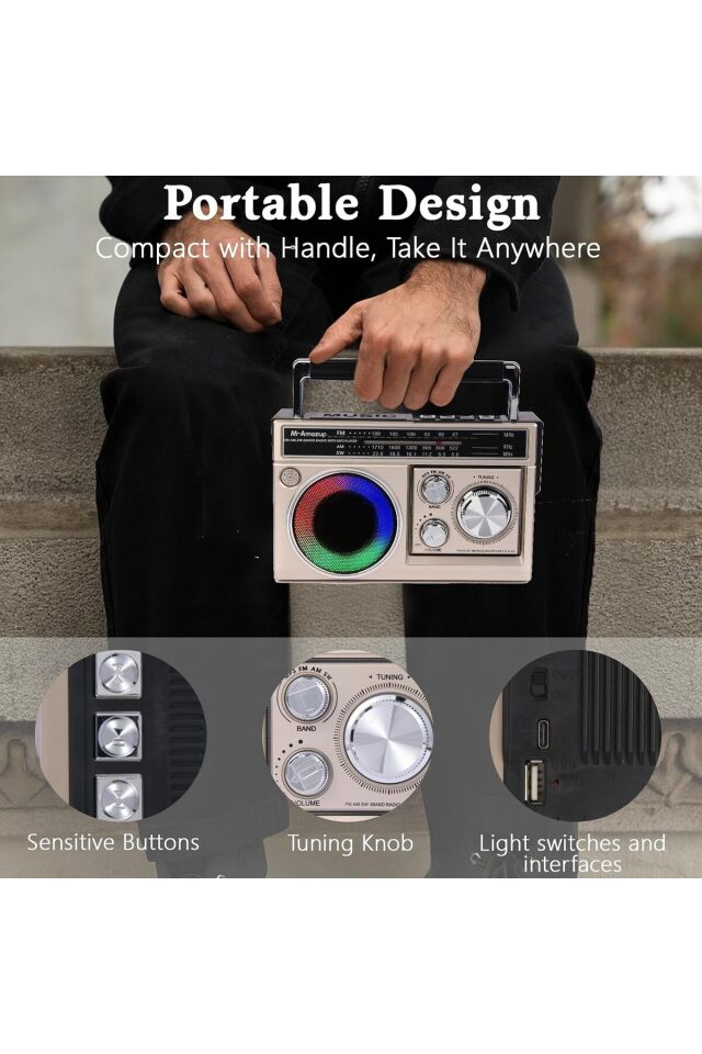 Nostalji Solar Enerjili Güneş Panelli Fm Radyo Şarj Edilebilir Bluetooth Hoparlör Rbg Işıklı Sd Kart Usb ve El fenerli