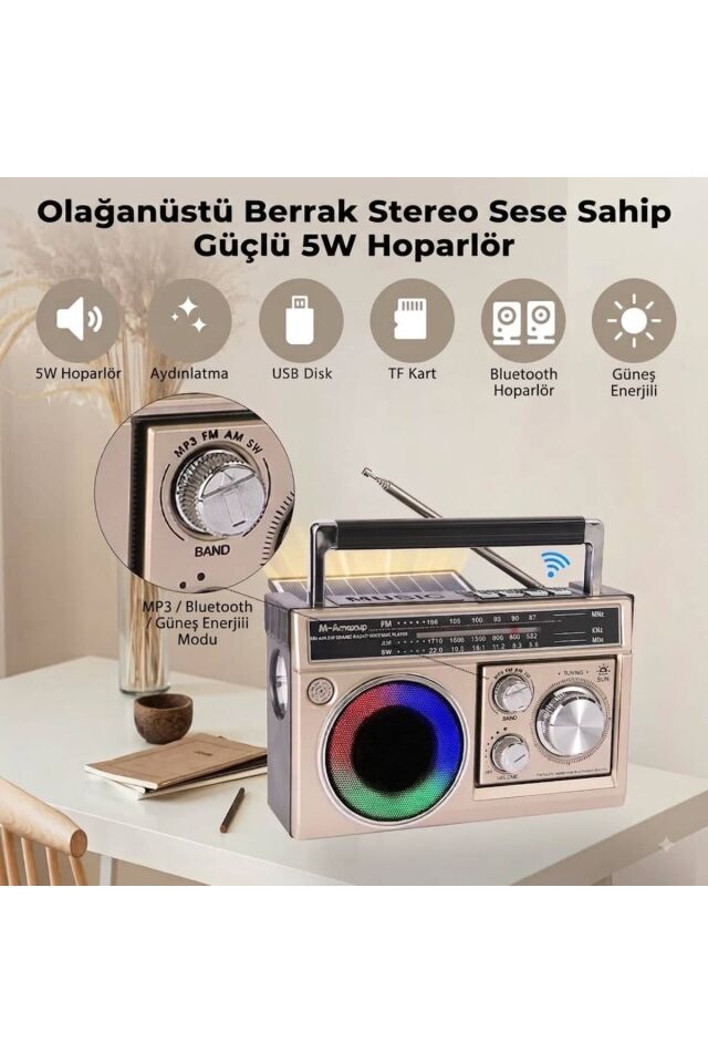 Nostalji Solar Enerjili Güneş Panelli Fm Radyo Şarj Edilebilir Bluetooth Hoparlör Rbg Işıklı Sd Kart Usb ve El fenerli