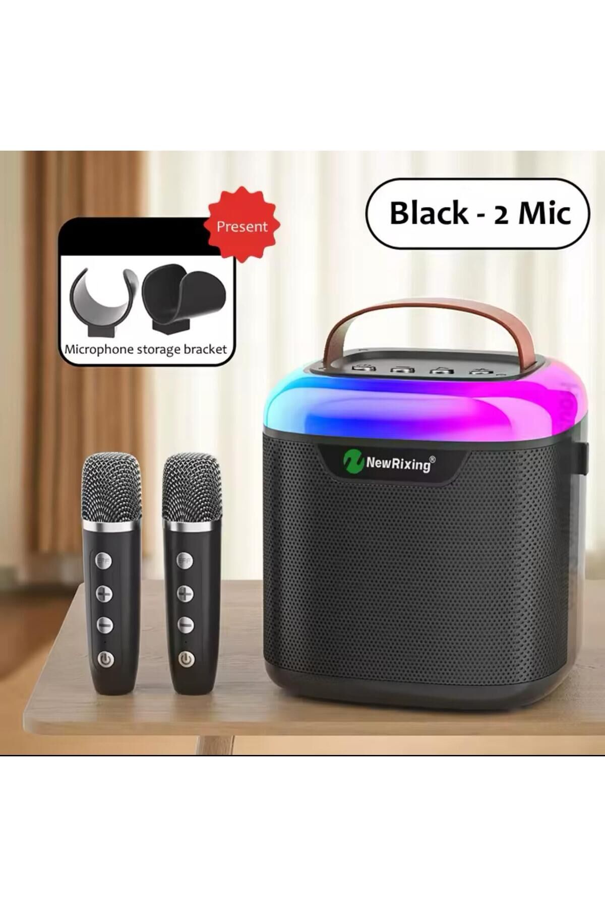 Yeni RGB Renkli Işıklar Karaoke Kablosuz Taşınabilir Bluetooth'lu Hoparlör Kablosuz 2 mikrofon
