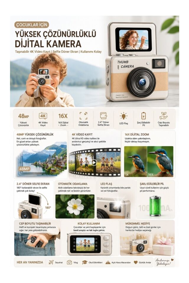 48MP 4K Mini Dijital Fotoğraf Makinesi 2.4'' Döner Selfie Ekranı Otomatik Odaklama LED Flaş Şarj Edilebilir