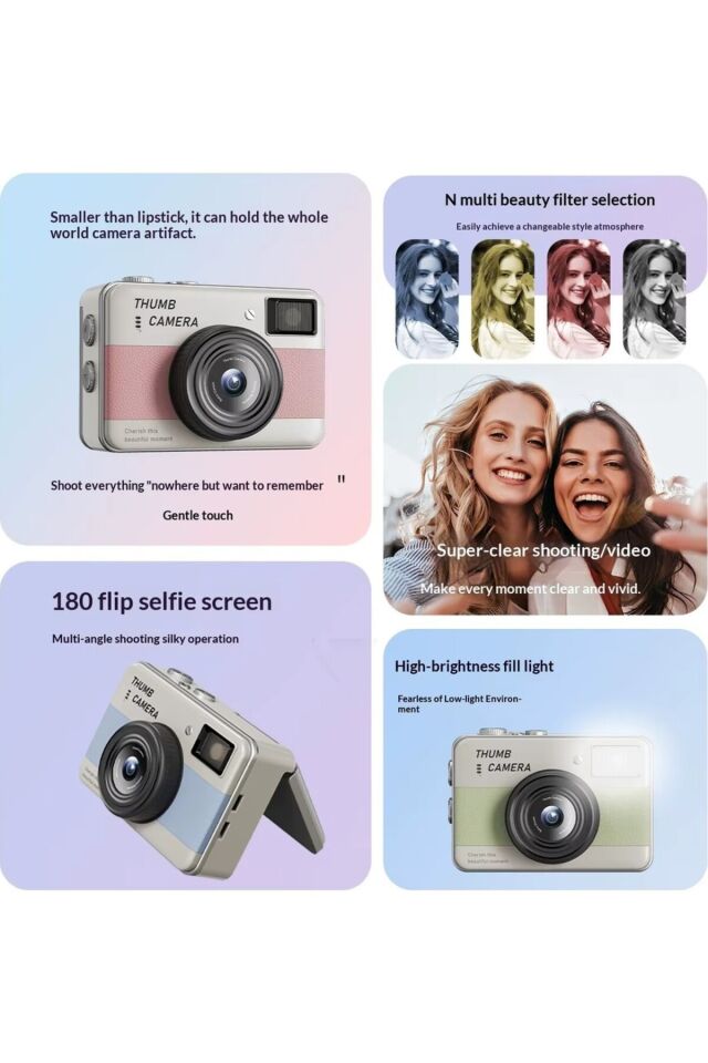 48MP 4K Mini Dijital Fotoğraf Makinesi 2.4'' Döner Selfie Ekranı Otomatik Odaklama LED Flaş Şarj Edilebilir