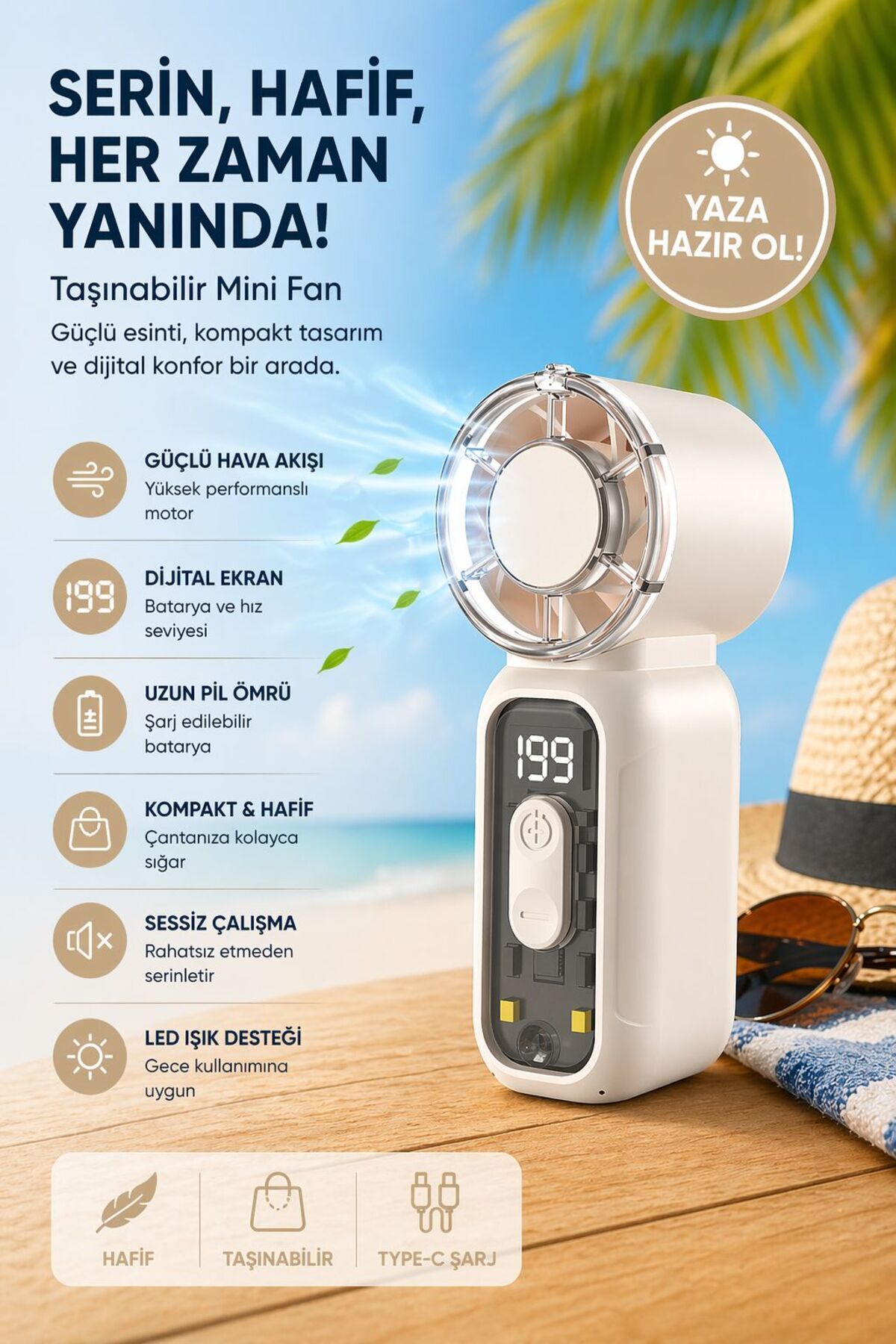 Süper Şarjlı Mini El Tipi Fan USB Şarjlı Turbo Güçlü Uzun Süreli Dijitalli