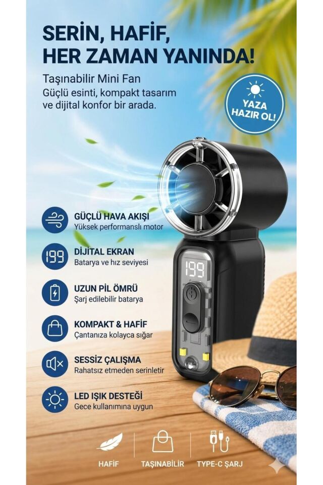Süper Şarjlı Mini El Tipi Fan USB Şarjlı Turbo Güçlü Uzun Süreli Dijitalli
