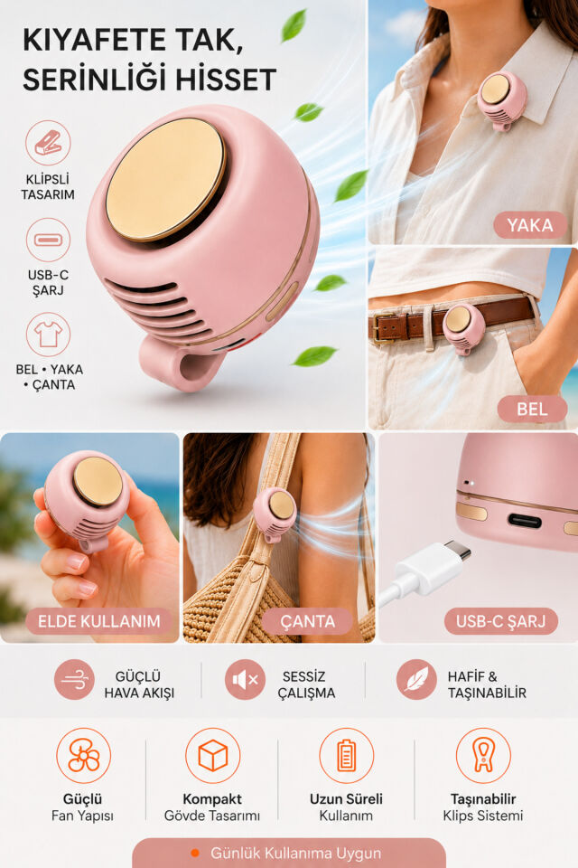 Fan Taşınabilir Mini Fan USB Şarjlı Klipsli Yaka Fanı Portatif Sessiz El Vantilatörü Bel Çanta Gömlek Askılı Kullanım Serinletici