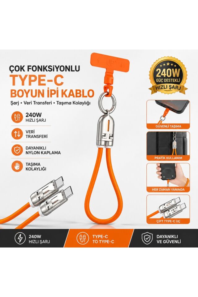 Bilekli Askılı Telefon Kablosu 30cm 5A PD240W Hızlı Şarj Veri Kablosu TYPE-C